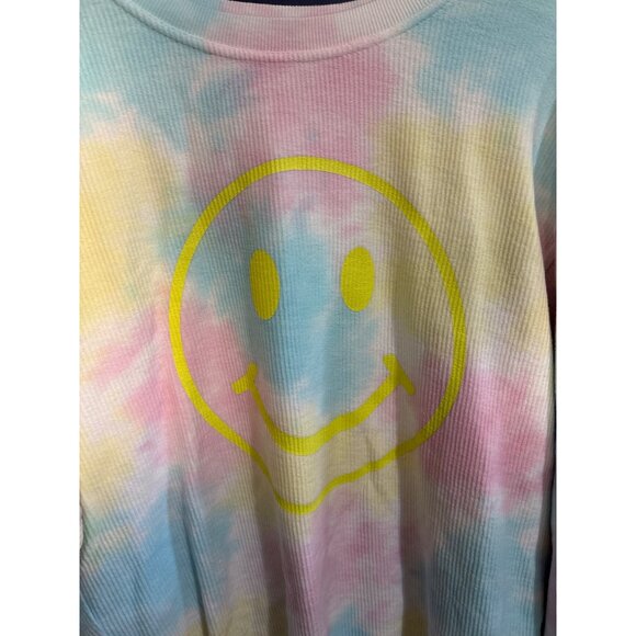 Chicka-D Oversized MediumTie-Dye Waffle Knit Long Sleeve Shirt W/ Smile Graphic - Picture 2 of 5